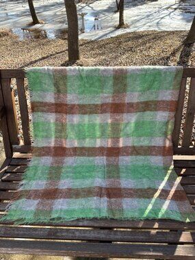 Vintage Eaton's Mohair Blanket Plaid Green Brown White 46x73”